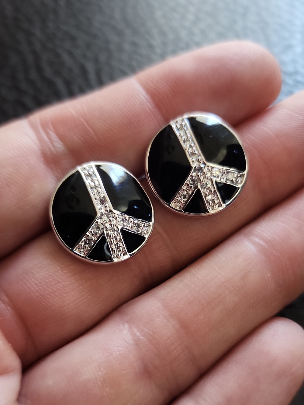 Silver Peace Sign Stud Earrings with Black Enamel and Crystals